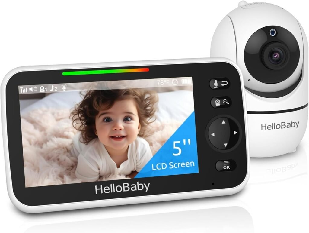 HelloBaby Monitor de bebé sin WiFi, pantalla de 5 pulgadas, batería de 30 horas, video de panorámica/inclinación/zoom mejorado con cámara y audio, visión nocturna, VOX, conversación bidireccional