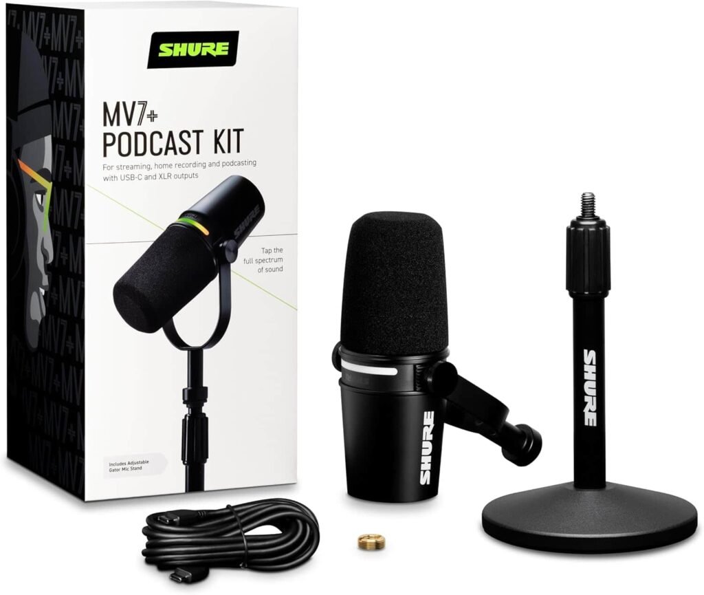 Shure MV7+ - Micrófono dinámico para podcast con soporte, certificado OBS, audio mejorado, panel LED, salidas USB-C y XLR, modo de nivel automático, filtro digital pop, para podcasting, transmisión