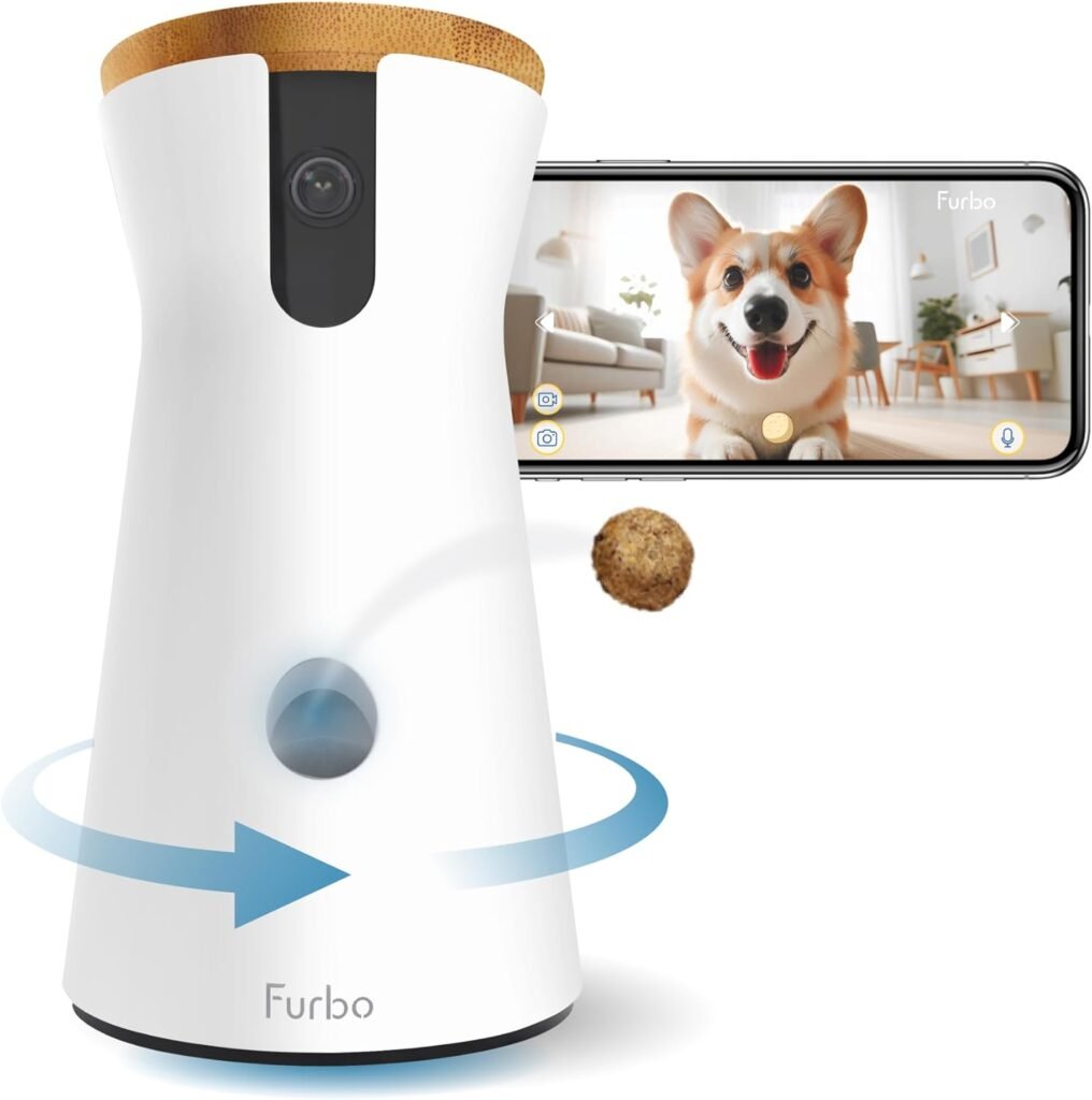 Furbo Cámara para perros de 360°: Cámara de seguridad para mascotas con alertas de ladridos, vista giratoria, lanzamiento de golosinas con aplicación de teléfono, monitoreo de cachorros en casa inteligente, altavoz de 2 vías, no necesita suscripción. Características estándar de ver, hablar y lanzar