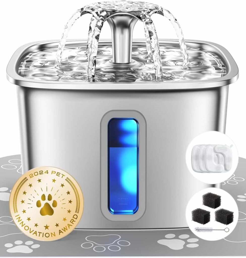 La mejor Fuente de Agua para Gatos de Acero Inoxidable, 108oz/3.2L, Dispensador Automático de Agua para Perros con 3 Filtros de Repuesto y Alfombrilla de Silicona