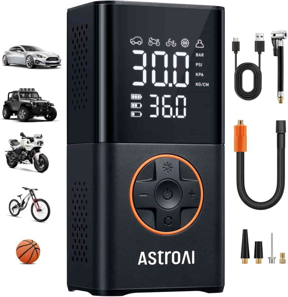 astroai inflador de neumáticos l7, compresor de aire portátil, inalámbrico, mini bomba de bicicleta con pantalla digital de valores duales, bomba de aire de neumáticos de automóvil