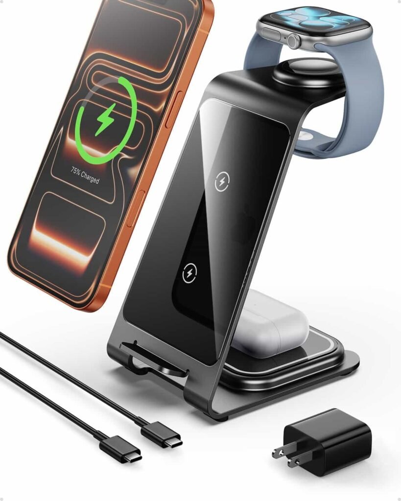 intoval estación de carga inalámbrica 3 en 1 de aluminio para iphone 17 16 15 14 13 12 11 pro max xr, cargador inalámbrico para apple watch 11 10 9 8 7 ultra se 3 2, cargador de teléfono para airpod