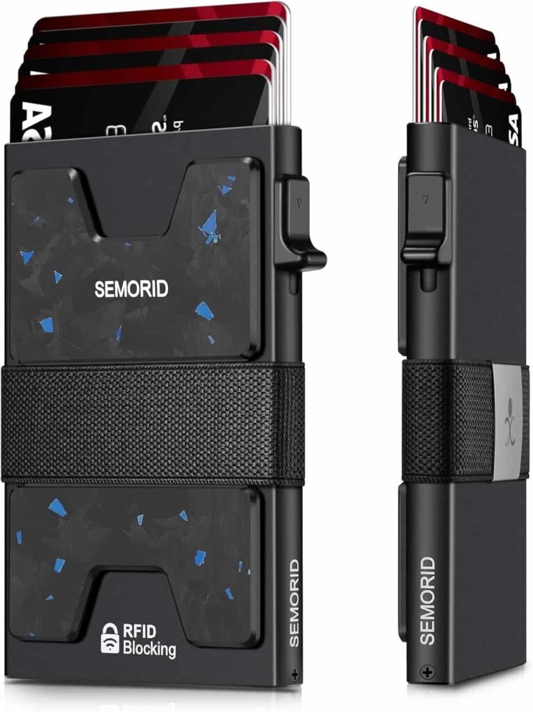 semorid cartera portacartas delgada de aluminio para hombres, placa trasera expandible duradera, cartera de metal minimalista emergente con bloqueo rfid y caja de regalo, capacidad para 12+ tarjetas