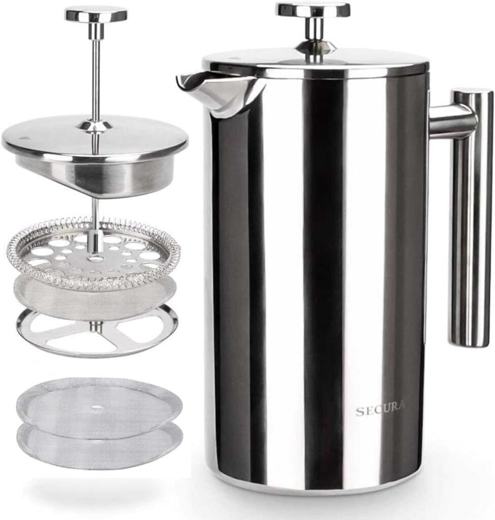 secura cafetera de prensa francesa, prensa de café aislada de acero inoxidable de grado 304 con 2 pantallas adicionales, 34 onzas (1 litro), color plateado