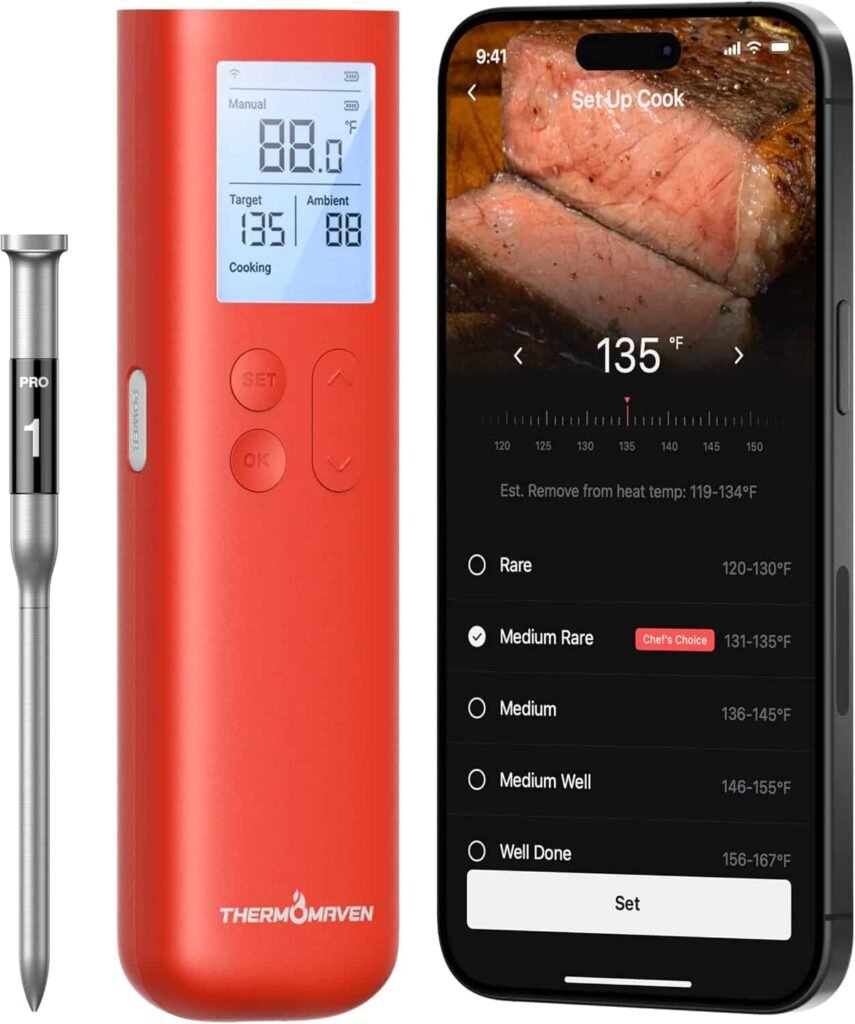 thermomaven termómetro inalámbrico inteligente para carne con bluetooth, señal sub 1g mejorada 10 veces y estabilidad, base de pantalla independiente, precisión certificada ±0.5°f, alcance wifi